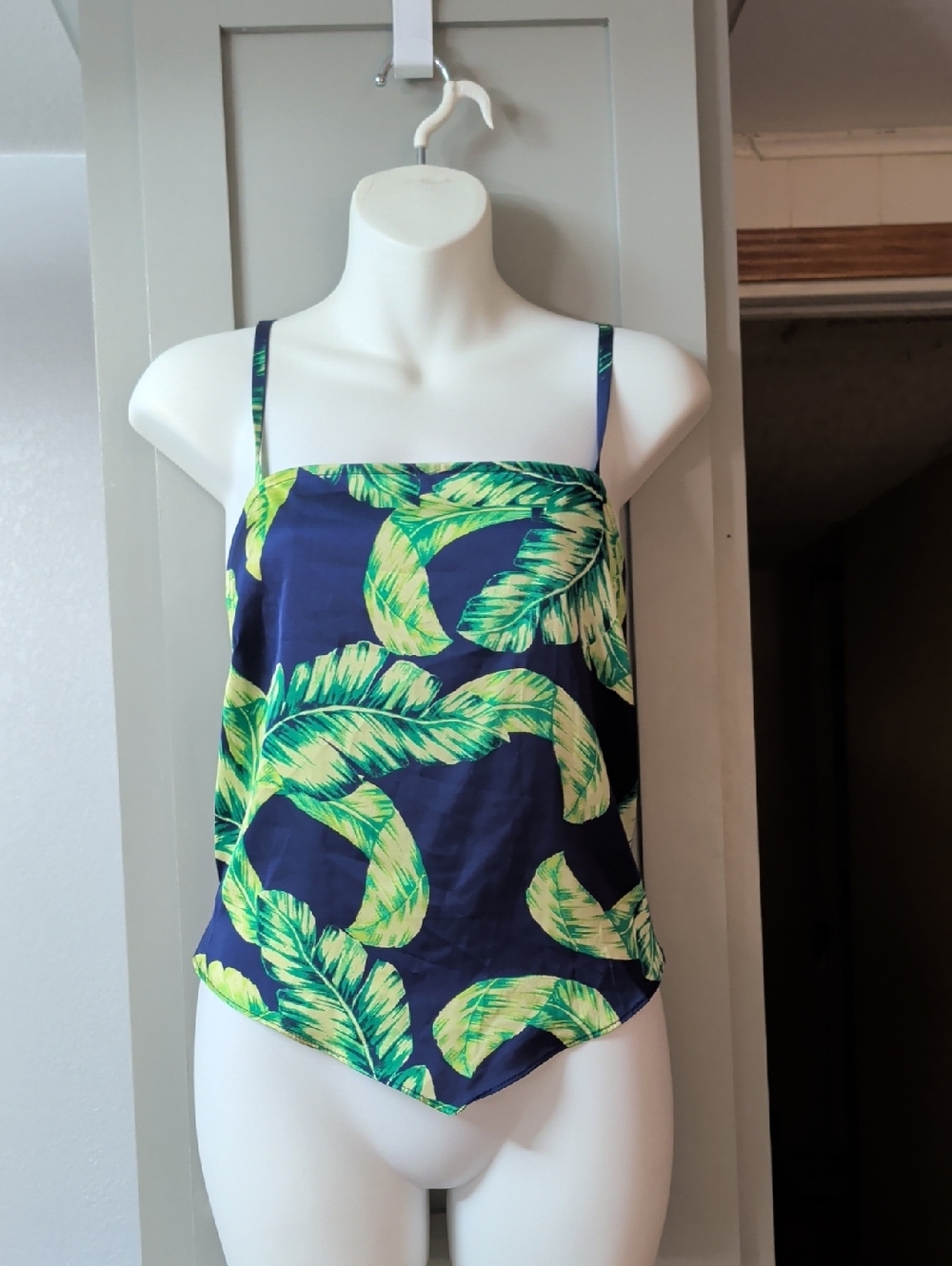 Tropical Leaf Navy Camisole with Bright Green Print